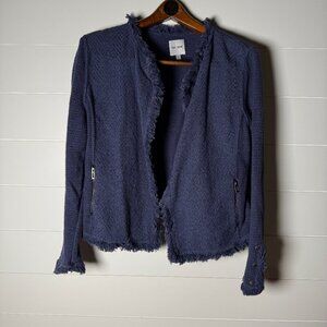 Nic+Zoe Open Front Cardigan Fringe Edges Zipper Pockets Blue Size Large